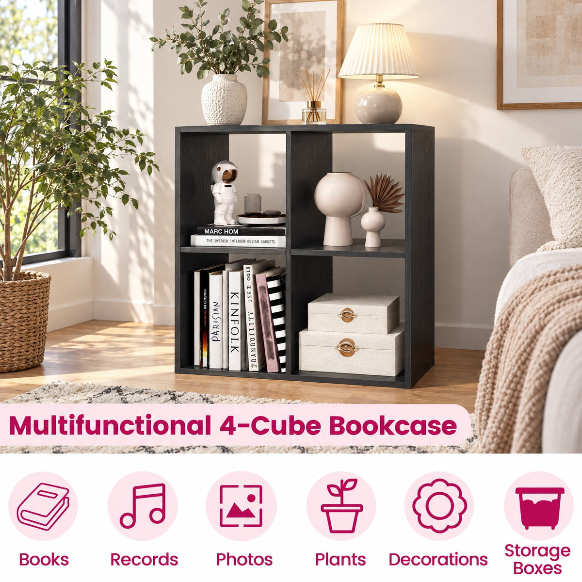 Airfind 4 Cube Bookshelf with Back Guardrail for Living Room Bedroom, 100 lbs Capacity, Engineered Wood Frame, 27.5 x 13 x 27.5 Footprint, Black
