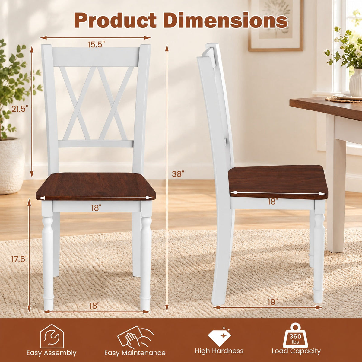 Airfind Set of 2 Wooden Farmhouse Kitchen Chairs with Rubber Wood Seat, 360 lbs Capacity, LVL Rubber Wood Acacia Wood Frame, Walnut+White