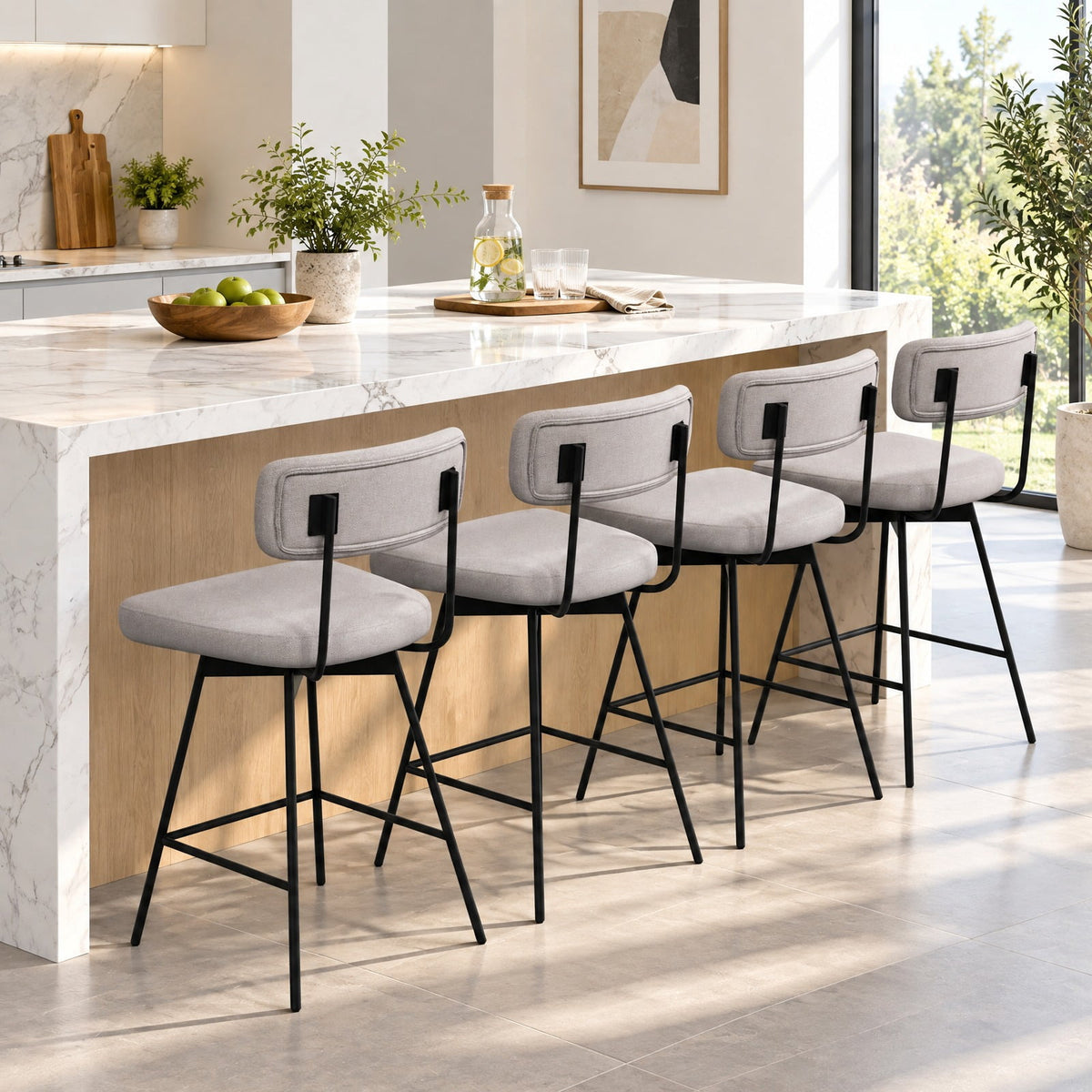 Airfind 25 Inch 2-Piece Modern Upholstered Bar Stools with Back and Footrests, 330 lbs Capacity, Polywood Metal Sponge Linen Type Cloth Frame, Beige