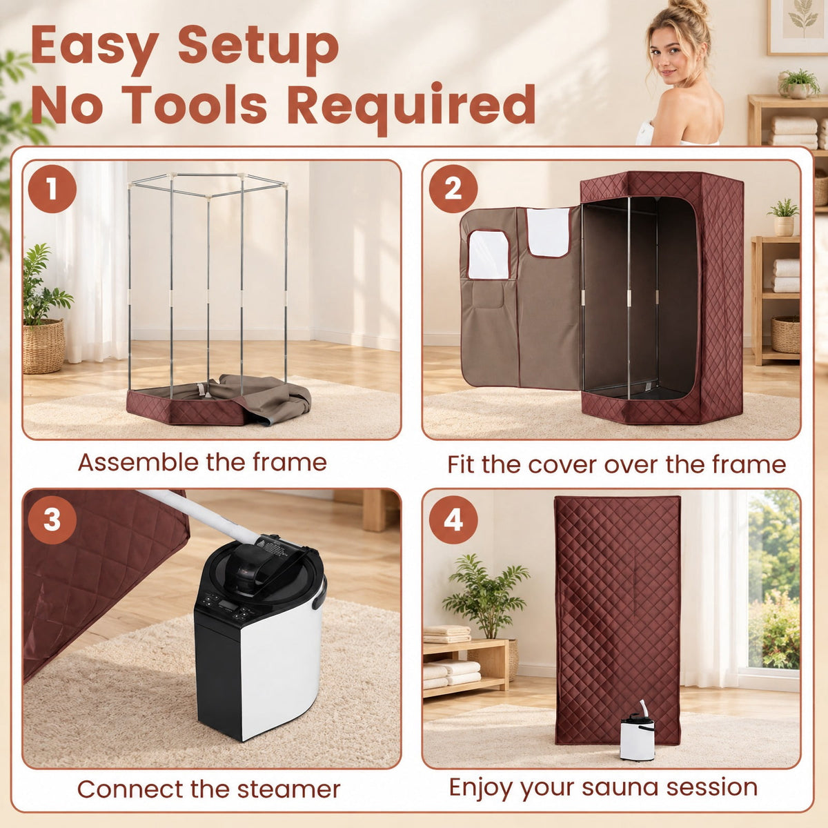 AIRFIND Portable Steam Sauna with 3 L Steamer, 9 Heat Levels, 15-99 Minute Timer, Remote Control, Folding Chair and Floor Mat, Brown