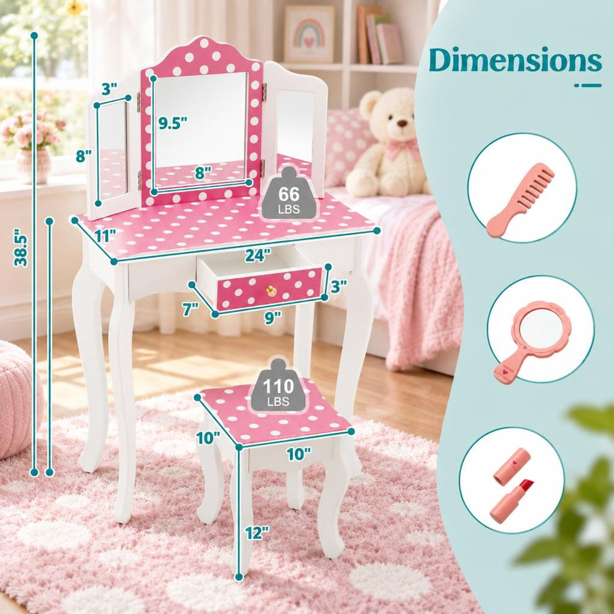 Airfind Princess Pretend Play Makeup Dressing Table with Cute Polka Dot Print, 66 lbs Capacity, MDF Acrylic Frame, for 3-7 Years Old, Pink