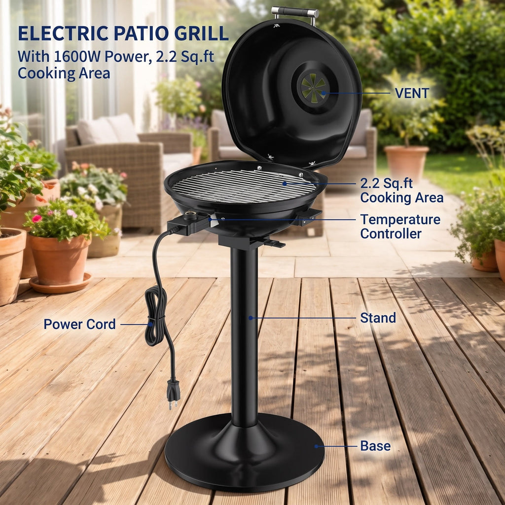 Airfind 1600W Portable Electric BBQ Grill featuring Removable Non-stick Rack, Metal Stainless Steel Frame, 20.5 Inch x 17.5 Inch x 32.5 Inch Footprint, Black