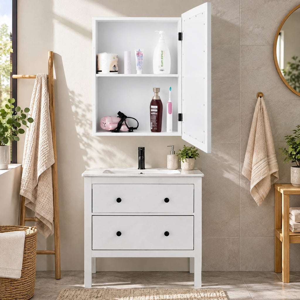 Airfind Wall Mounted Adjustable Medicine Storage Mirror Cabinet, MDF glass Frame, 20 Inch x 6 Inch x 26 Inch Footprint, White