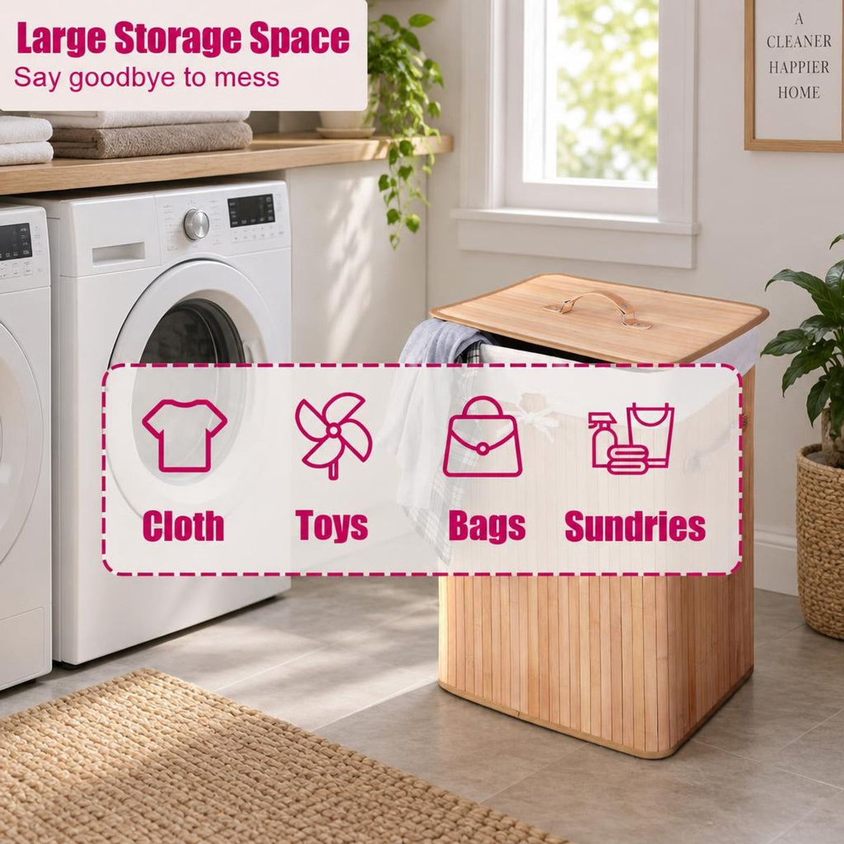 Airfind Rectangle Bamboo Hamper Laundry Basket Washing Cloth Bin Storage Bag Lid 3 color, Bamboo and polyester cotton Frame, Natural