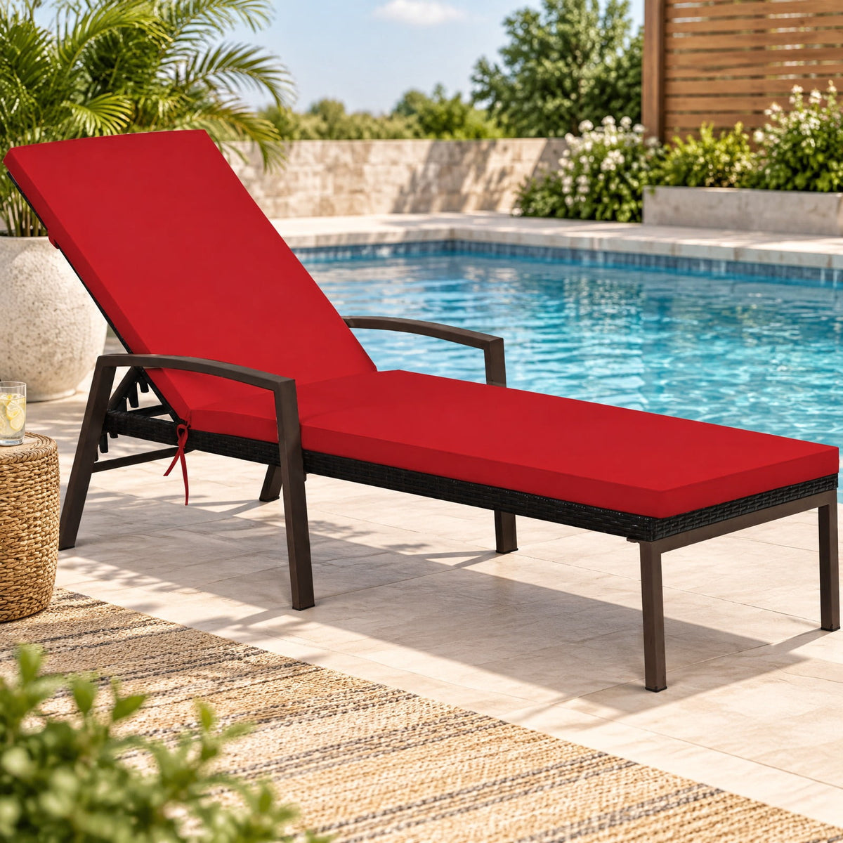 Airfind 2 Pieces Patio Rattan Adjustable Back Lounge Chair with Armrest and Removable Cushions, 400 lbs Capacity, Steel Rattan Frame, Red