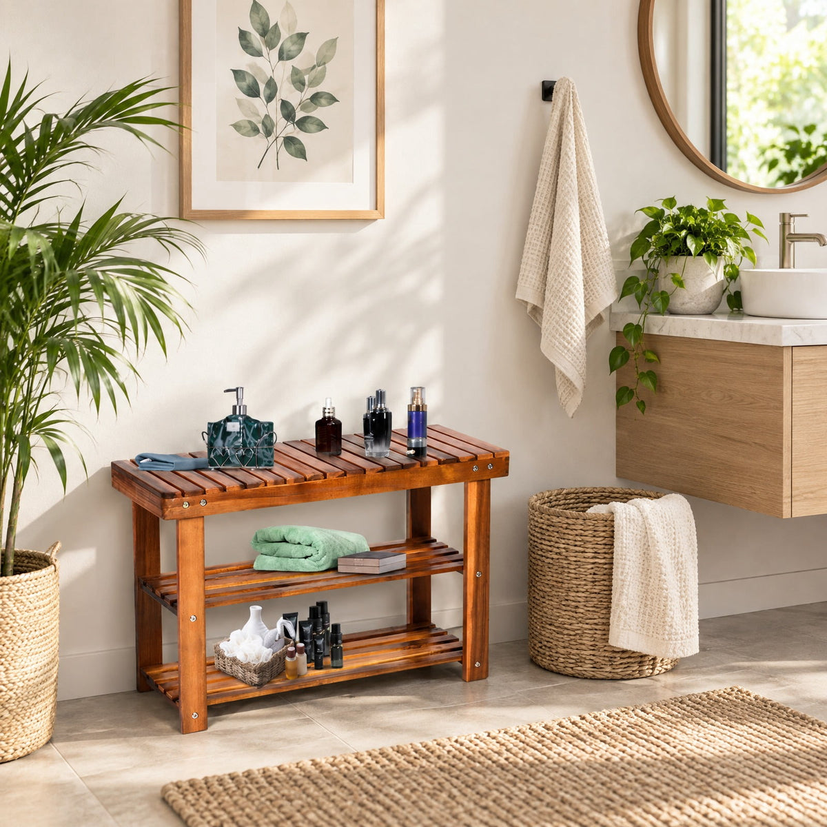 Airfind Freestanding Wood Bench with 3, 180 lbs Capacity, Acacia wood, 27.5 Inch x 11 Inch x 17.5 Inch (L x W x H) Weight: 10 lbs, Wood