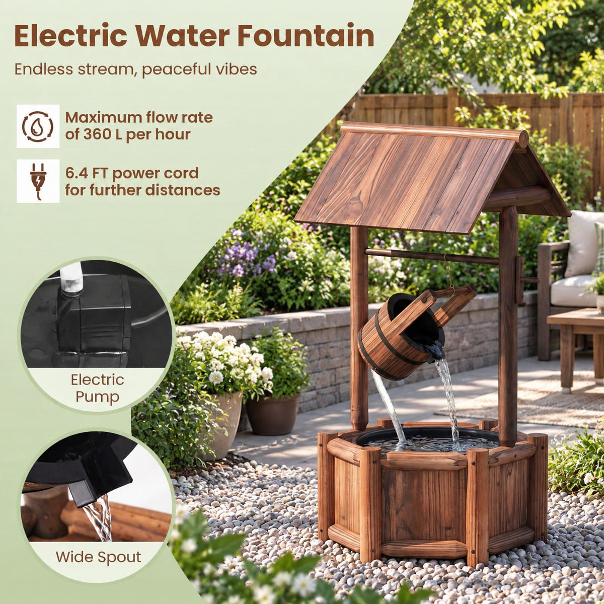 Airfind Garden Rustic Wishing Well Wooden Water Fountain with Pump, Fir Wood Frame, Product Size 24 Inch x22 Inchx 44.5 Inch (L x W x H), Unspecified