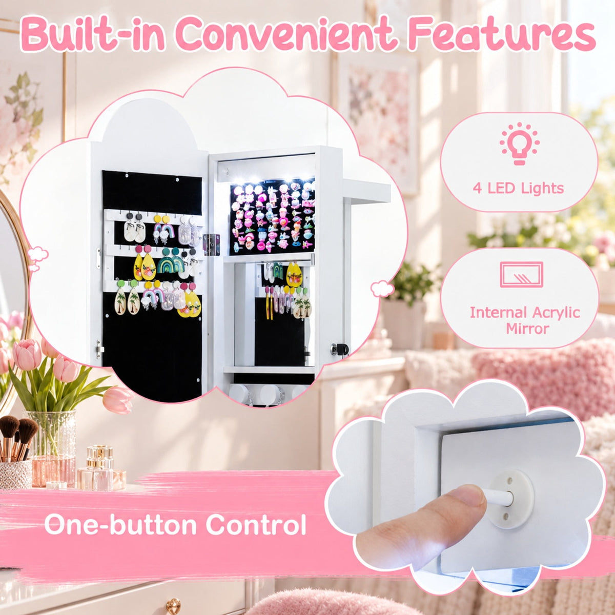 Airfind 3 In 1 Kids Jewelry Cabinet Freestanding Jewelry Armoire with 3-Color Lighted Mirror, MDF Glass Acrylic Frame, White