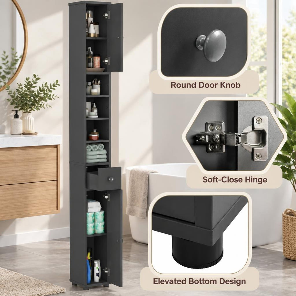Airfind Freestanding Slim Bathroom Cabinet with Drawer and Adjustable Shelves, 110 lbs Capacity, MDF Frame, 8in x 8in x 71in Total Footprint, Gray