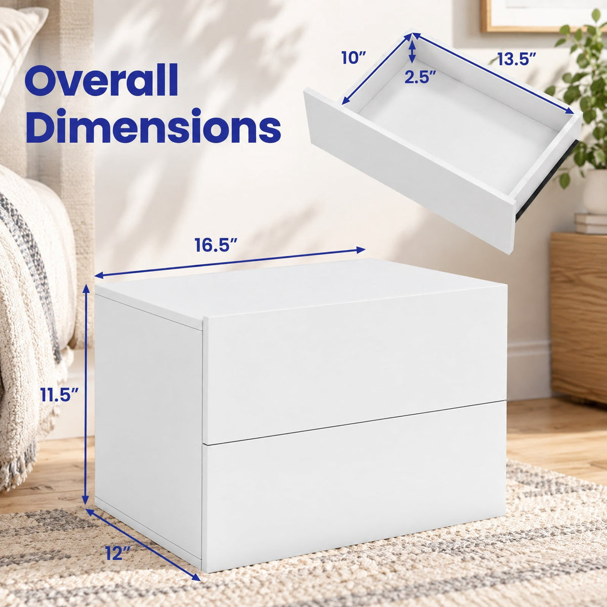 Airfind Floating Nightstand with 2 Storage Drawers Wall Mounted for Bedroom, White, Wide tabletop and 2 drawers keep bedtime essentials within reach