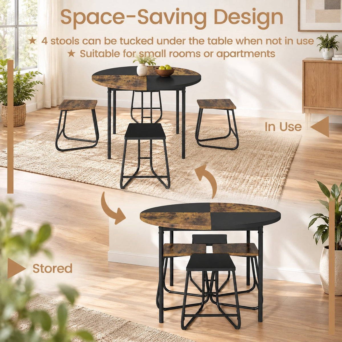 Airfind 5-Piece Dining Set for 4 47 Inch Round Kitchen Table and 4 Stools, MDF Metal Frame, Brown, Table Size 47in x 30in