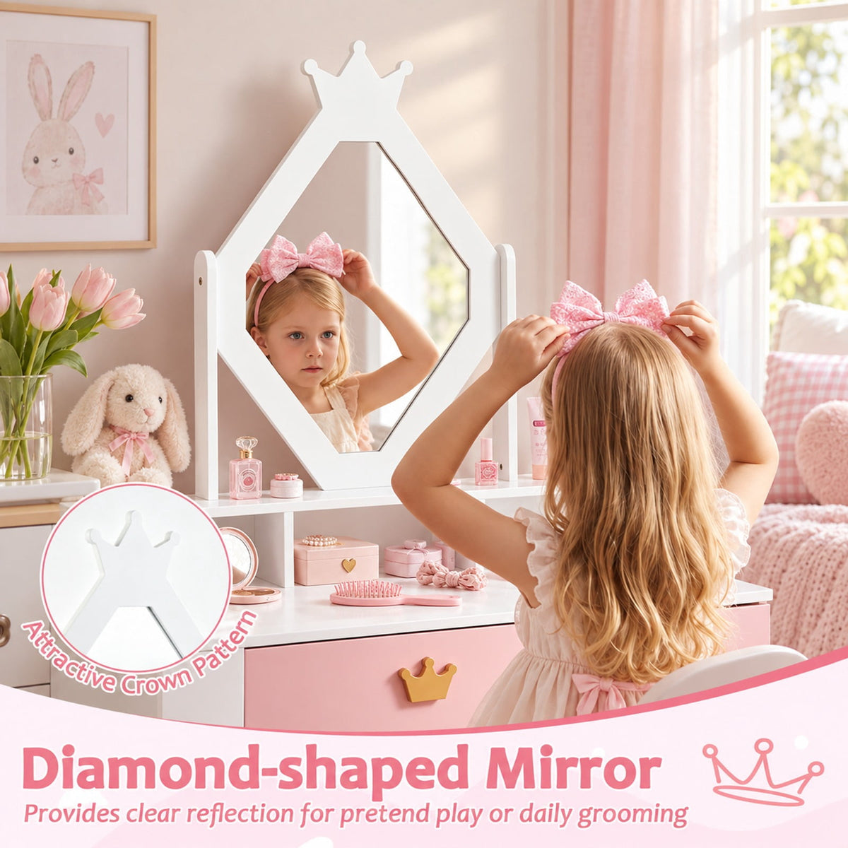 Airfind Kids Vanity Set with Crown Mirror and Chair for Girls, 110 lbsChair Capacity, 31.5in x 16in x 51inTabletop Footprint, White