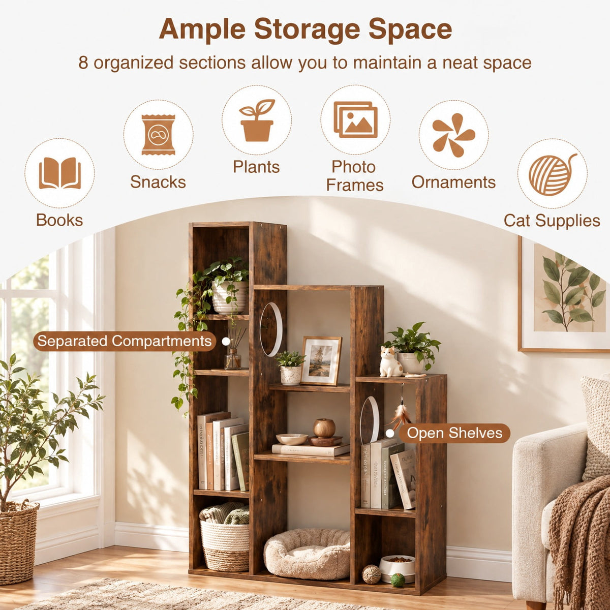 Airfind Modern Cat Bookshelf Cat Tree 8-Section Storage Cabinet with 2 Round Holes, 22 lbs Capacity, Engineered Wood Frame, Brown
