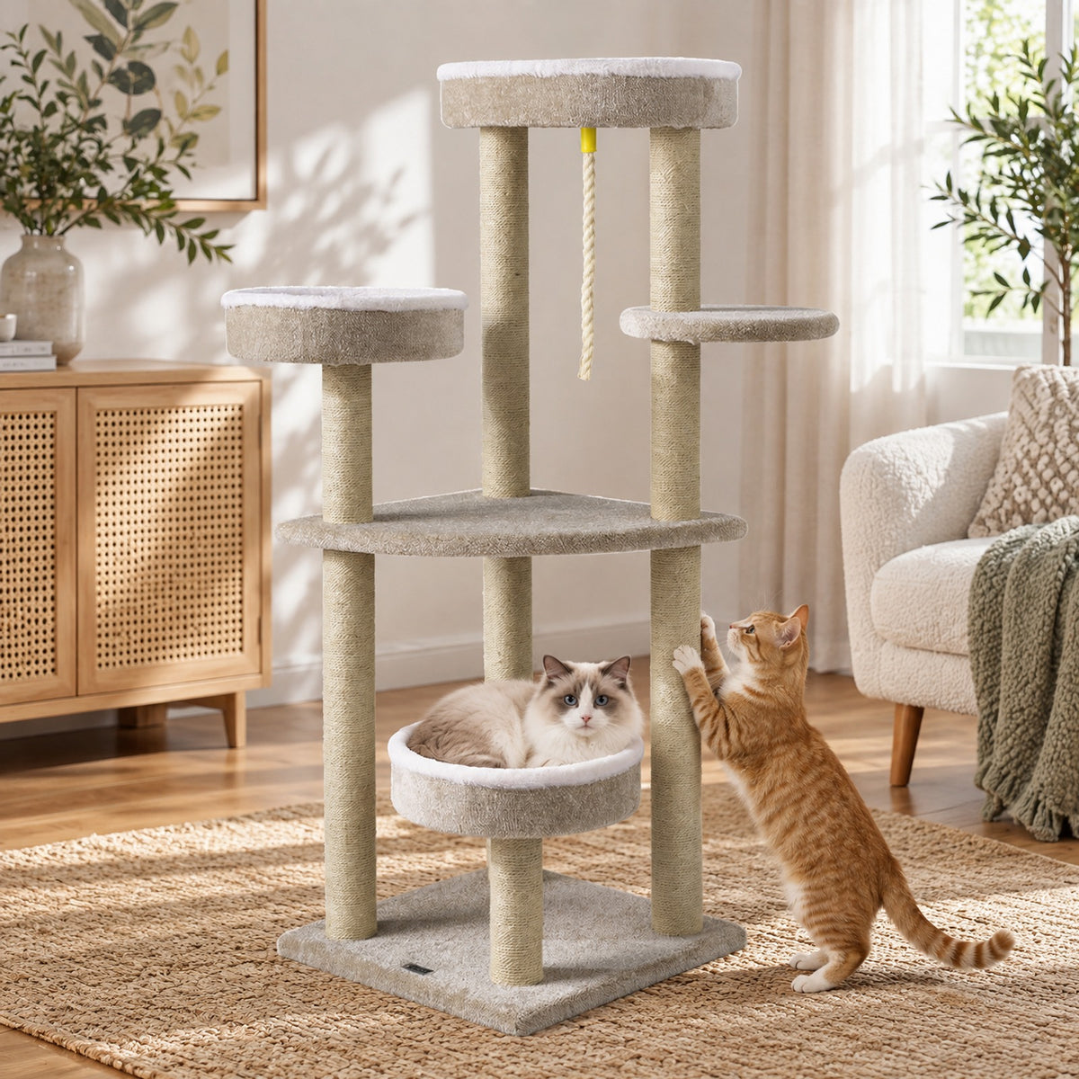 Airfind 51inCarpeted Cat Tree with Comfy Plush Perches for Indoor Cats, 33 lbs Capacity, Beige, Size 19.5in x 19.5in Top Perch