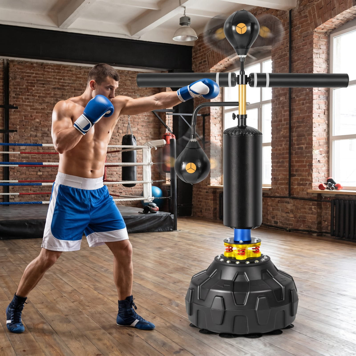 Airfind Freestanding Boxing Speed Trainer with 360 Degree Spinning Bar Dual Speed Balls and Adjustable Height for Home Gym, Black