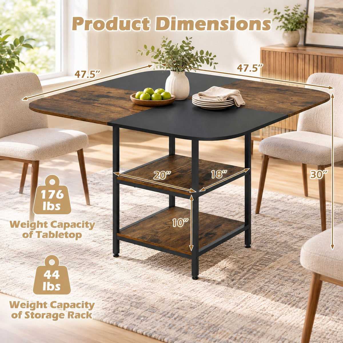 Airfind 47.5 inch Modern Dining Table Square Kitchen Table with Mix-colored Tabletop, 176 lbs Capacity, Engineered Wood Metal Frame, Coffee
