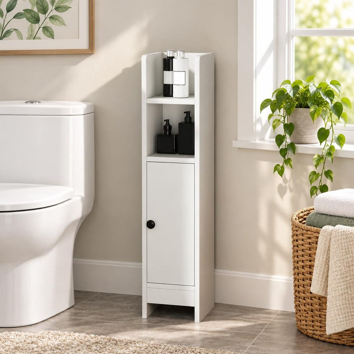 Airfind Bathroom Slim Cabinet Corner with Door and Adjustable Shelf, 44 lbs Capacity, Engineered Wood Frame, White