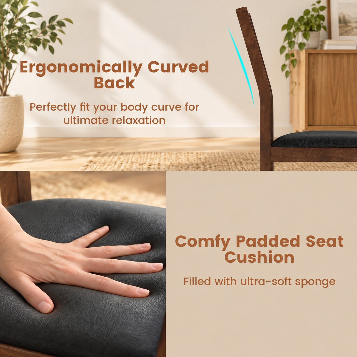 Airfind Wooden Dining Chair Set of 2 with PU Leather Padded Seat and Rubber Wood Frame, 285 lbs Capacity, Rubber Wood Frame, Walnut