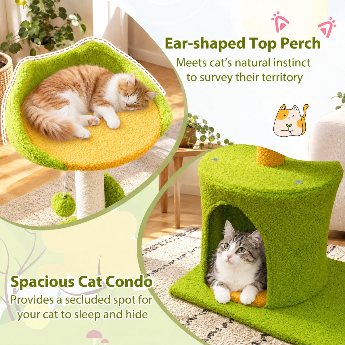 Airfind Cute Palm Cat Tree, for Indoor Cats with Artificial Leaves, Engineered Wood EVA Sisal Teddy Fleece Frame, 19 Inch x 13 Inch x 31 Inch Perch, Green