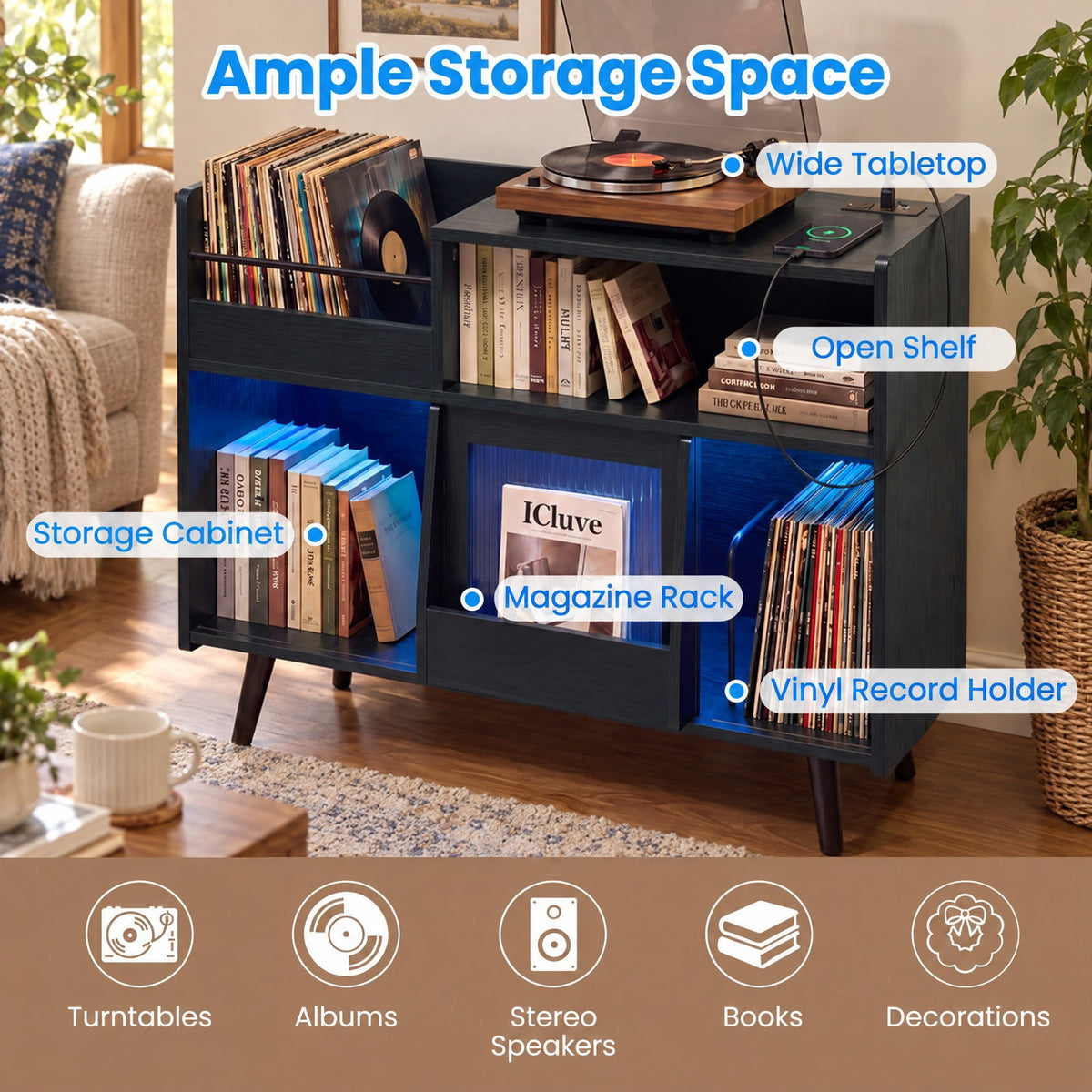 Airfind Record Player Stand with LED Light and Power Outlets, 66 lbs Capacity, PC board Plastic