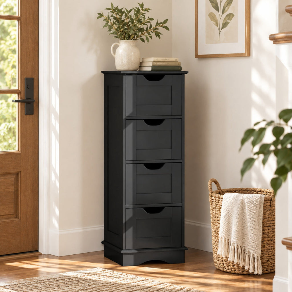 Airfind Bathroom Storage Cabinet featuring Cutout Handles and 4 Drawers, 33 lbs Capacity, MDF Frame, 12 Inch x 12 Inch x 32 Inch Footprint, Black