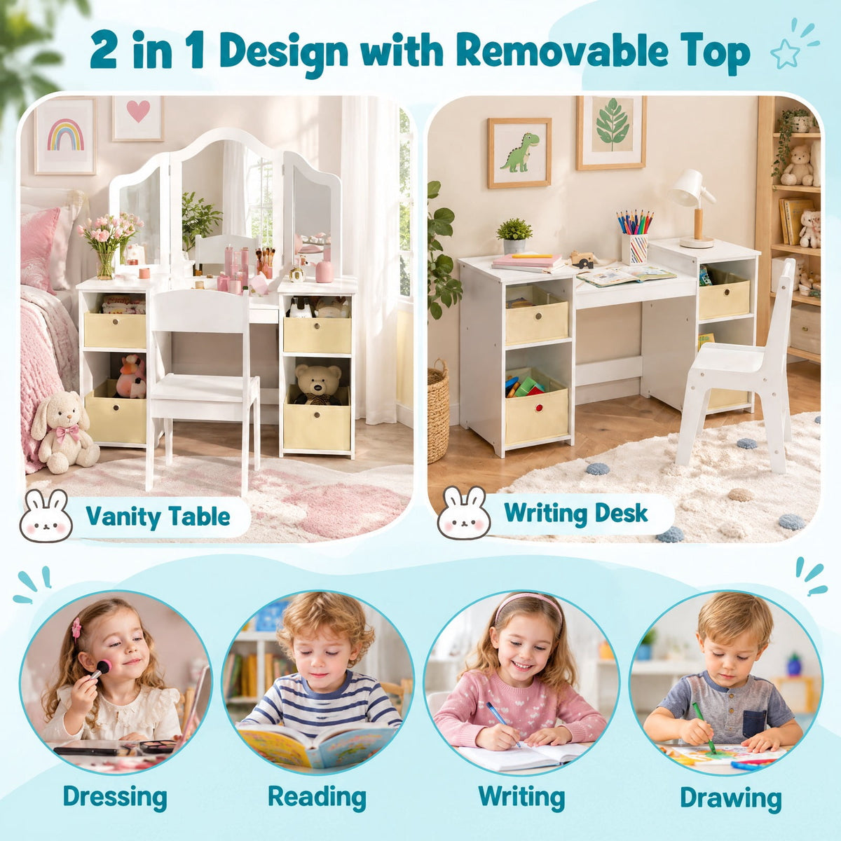 Airfind Kids Vanity Table and Chair Set with Removable Mirrors and 4 Storage Bins, 220 lbs Capacity, MDF Frame, for 3+ Years Old, White