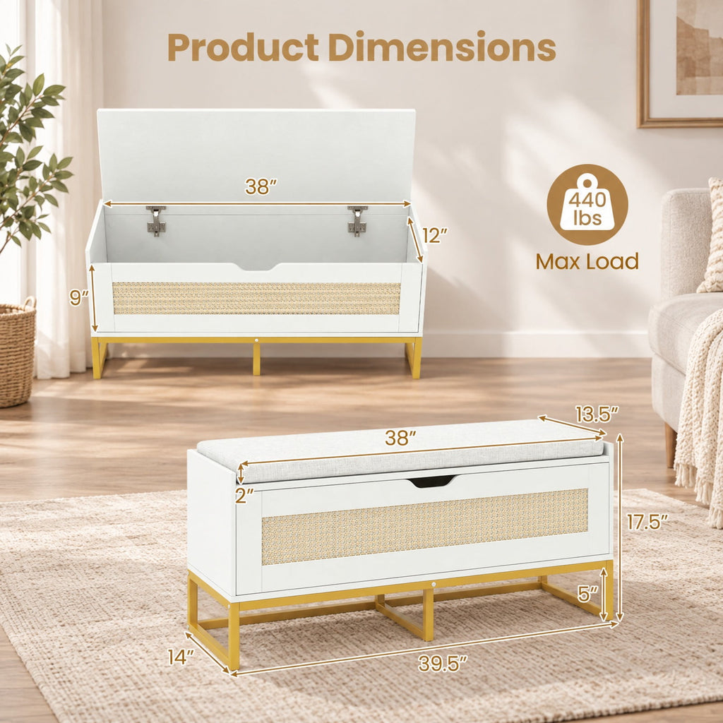Airfind 39.5in Rattan Storage Chest Wicker Shoe Bench with Padded Seat Flip-Top, 440 lbs Capacity, Engineered Wood PE Rattan Metal Frame, White