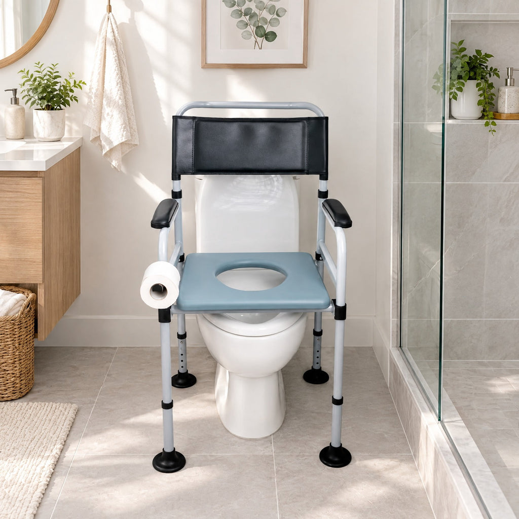 Airfind 4-in-1 Folding Bedside Commode Chair with Detachable Bucket and Towel Holder, 440 lbs Capacity, Carbonized Steel PVC Leather Frame, Silver
