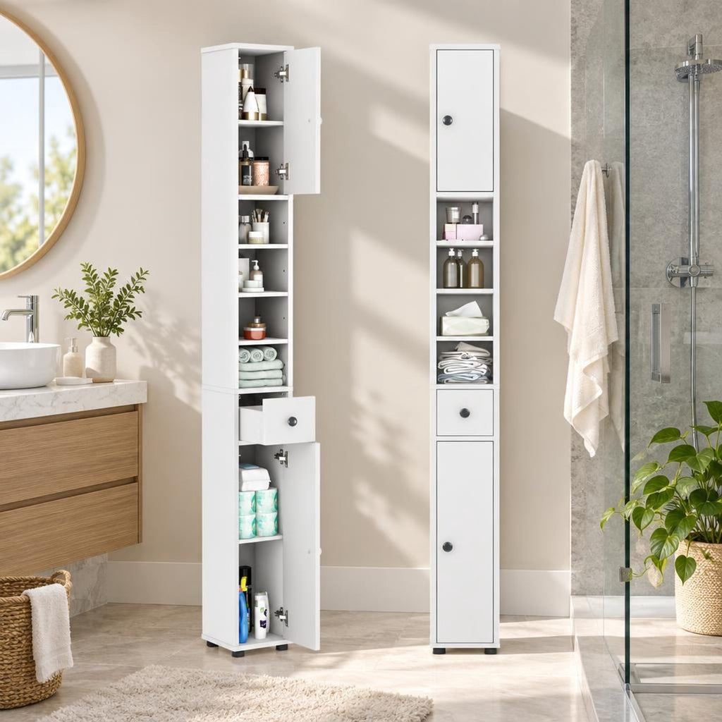 Airfind Freestanding Slim Bathroom Cabinet with Drawer and Adjustable Shelves, 110 lbs Capacity, MDF Frame, 8in x 8in x 71in Total Footprint, White