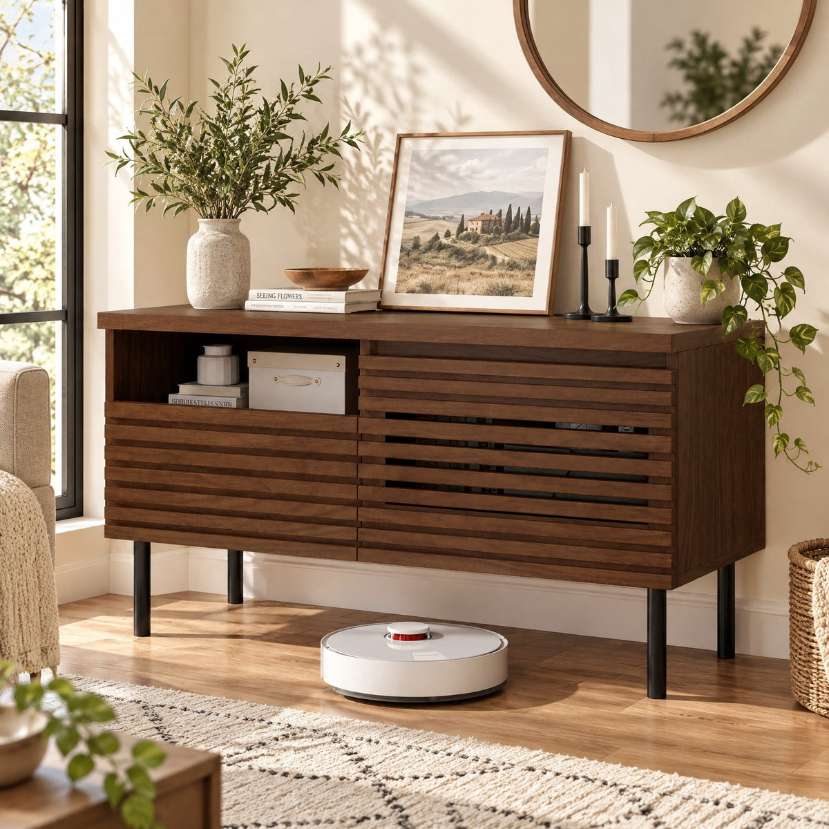 Airfind Mid Century Fluted TV Stand for 40 Inch TV Modern Entertainment Center with Open Compartment, 110 lbs Capacity, Metal Engineered Wood Frame