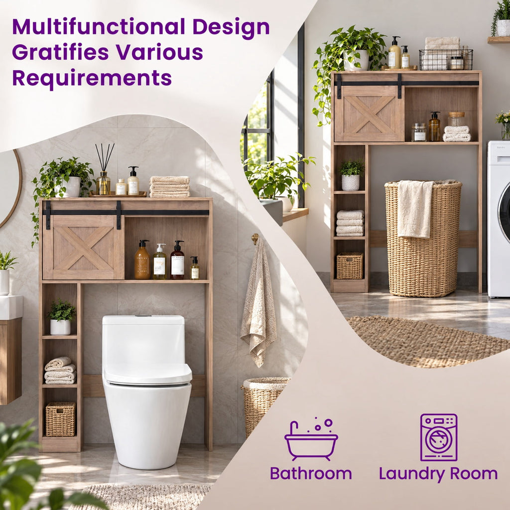 Airfind 4-Tier Over The Toilet Storage Cabinet with Sliding Barn Door and Storage Shelves, 154 lbs Capacity, Engineered Wood MDF Frame, Brown