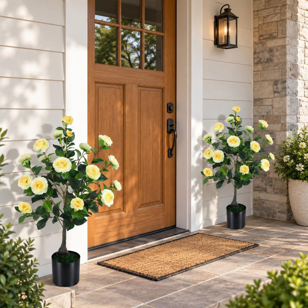Airfind 2-Pack Artificial Camellia Tree Faux Flower Plant in Cement-Filled Pot, Yellow, offers excellent stability and balance