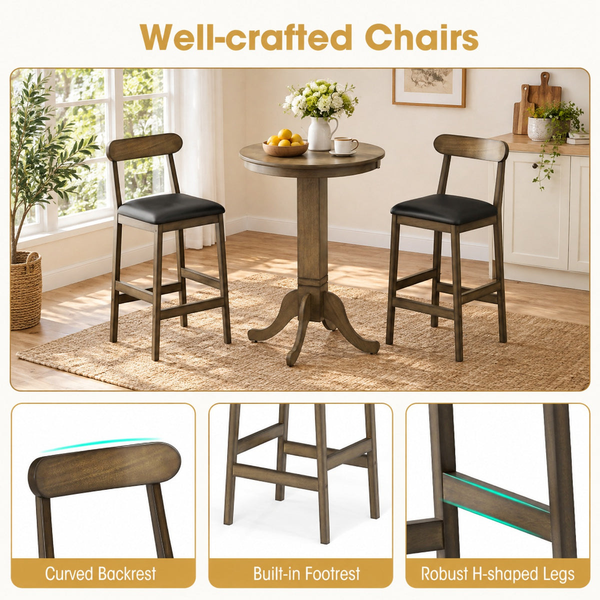 Airfind Set of 2 Bar Stools Upholstered with Rubber Wood Legs and Footrests, 330 lbs Capacity, Rubber Wood Sponge PVC Leather Frame, Wood