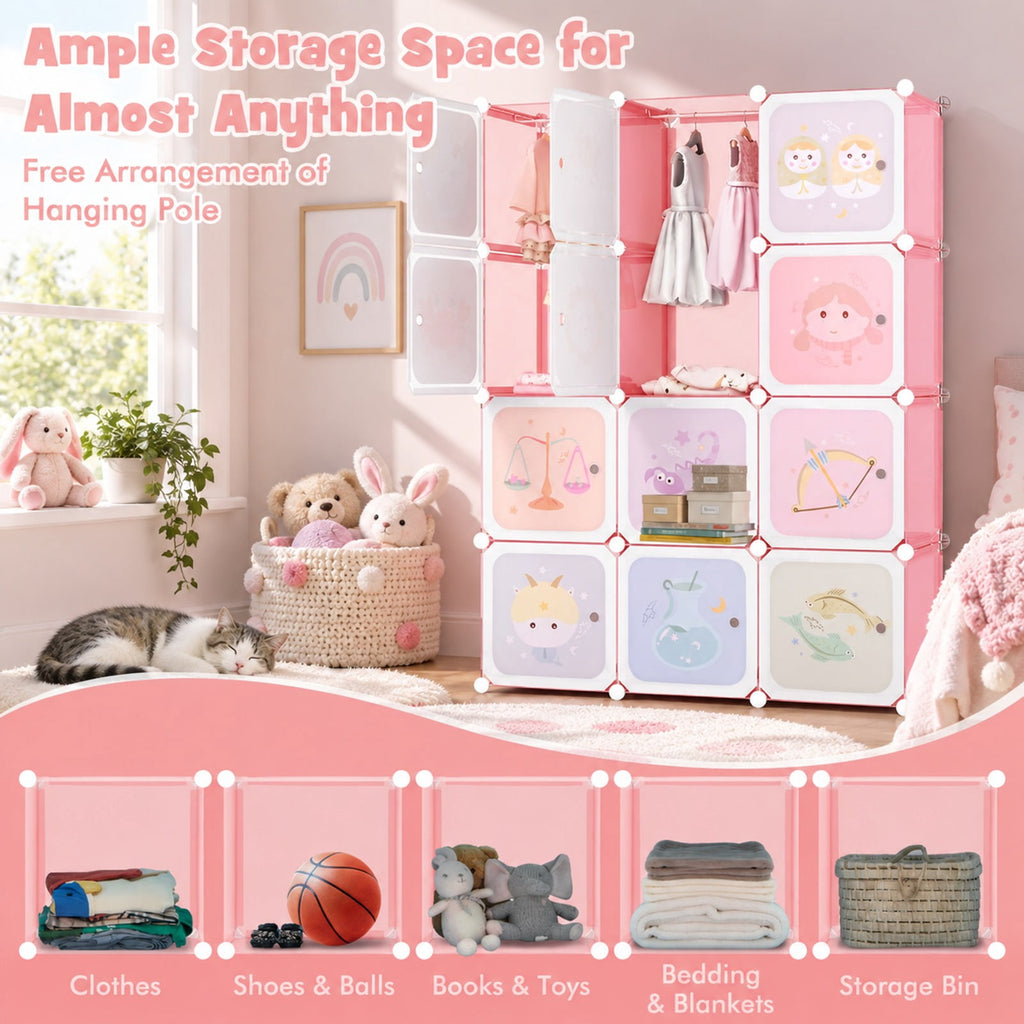 Airfind 12 Cube Kids Wardrobe Closet with Hanging Section and Doors, PP Metal Frame, 43 Inch x 14 Inch x 57 Inch Footprint, Pink