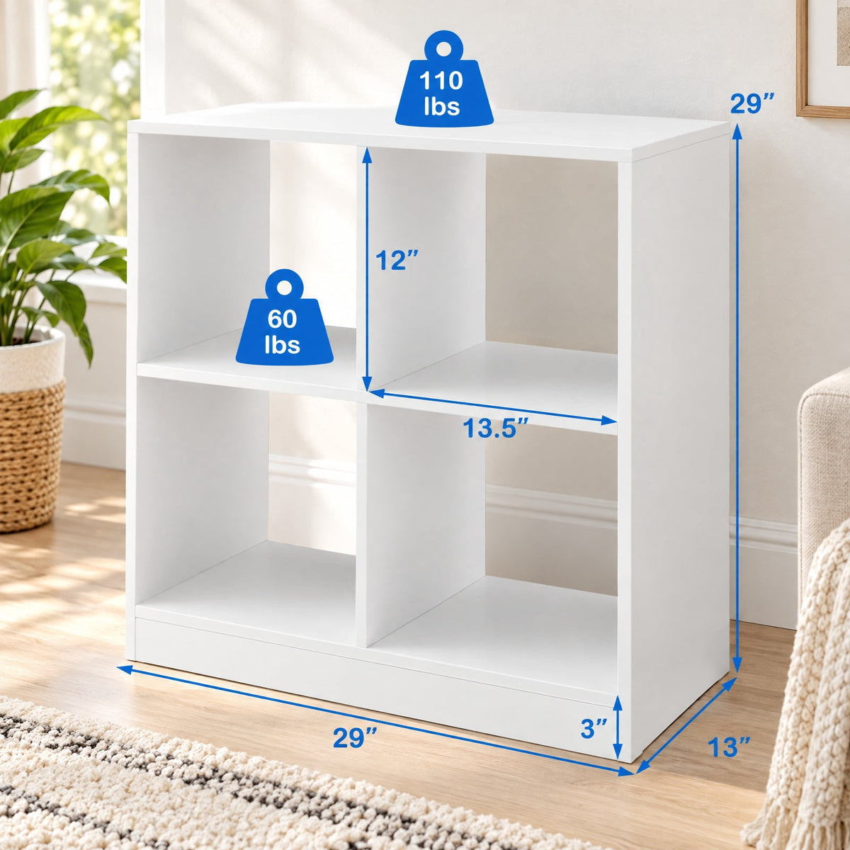 Airfind 4-Cube Kids Bookcase with Open Shelves, 60 lbs Capacity, Engineered wood Frame, 29 Inch x 13 Inch x 29 Inch Footprint, White