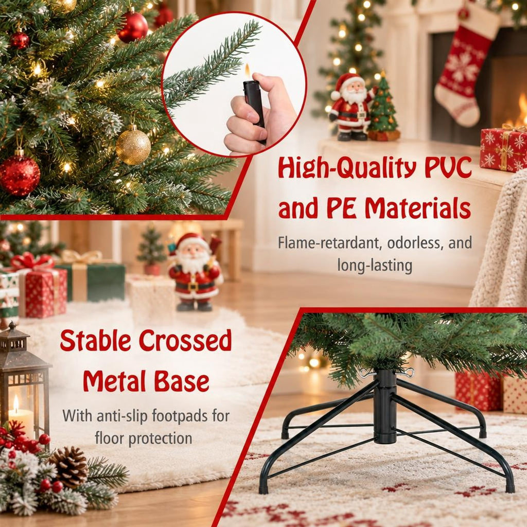 Airfind Pre-lit Artificial Christmas Tree 8 Ft featuring 1480 PVC and PE Branch Tips, Hinged Sections and Metal Stand for Everyday Home Use, Green