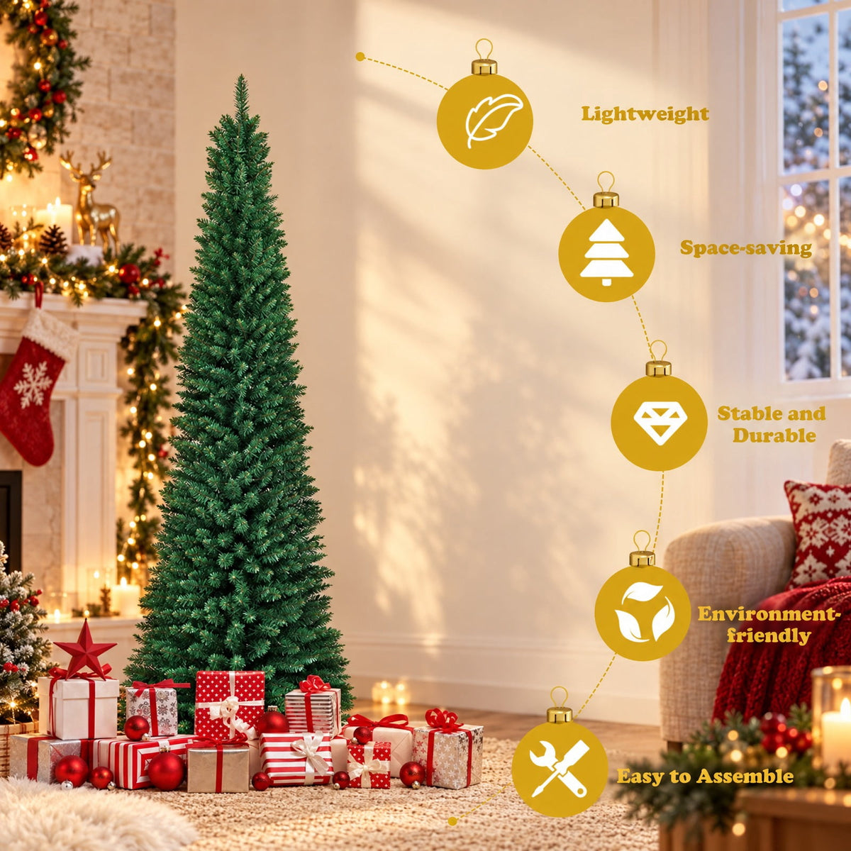 Airfind PVC Artificial Slim Pencil Christmas Tree-7 Feet, PVC iron 5 Ft: Frame, 2ft x 5ft Footprint, Green