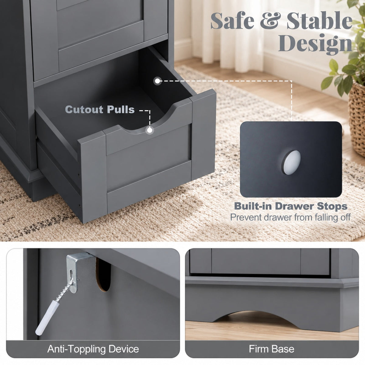 Airfind Bathroom Storage Cabinet, with Cutout Handles and 4 Drawers, 33 lbs Capacity, MDF Frame, 12 Inch x 12 Inch x 32 Inch Footprint, Gray
