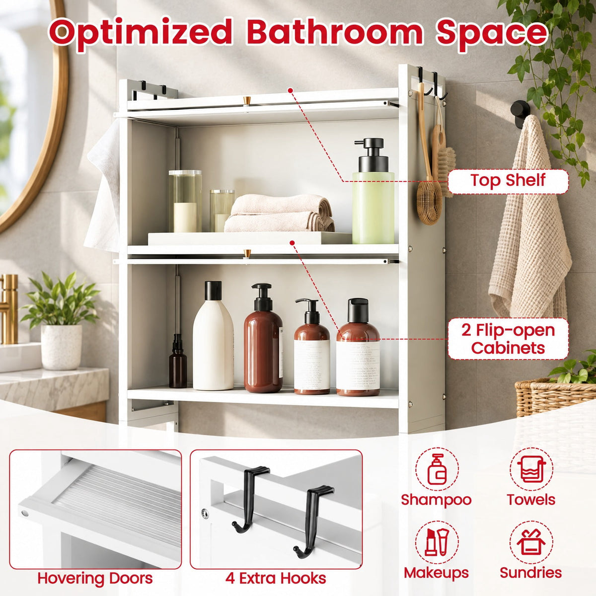 Airfind Over-the-toilet Cabinet Bathroom Organizer with 2 Flip-up Cabinets, 33 Lbs Capacity, Carbon Steel PC Plastic, White