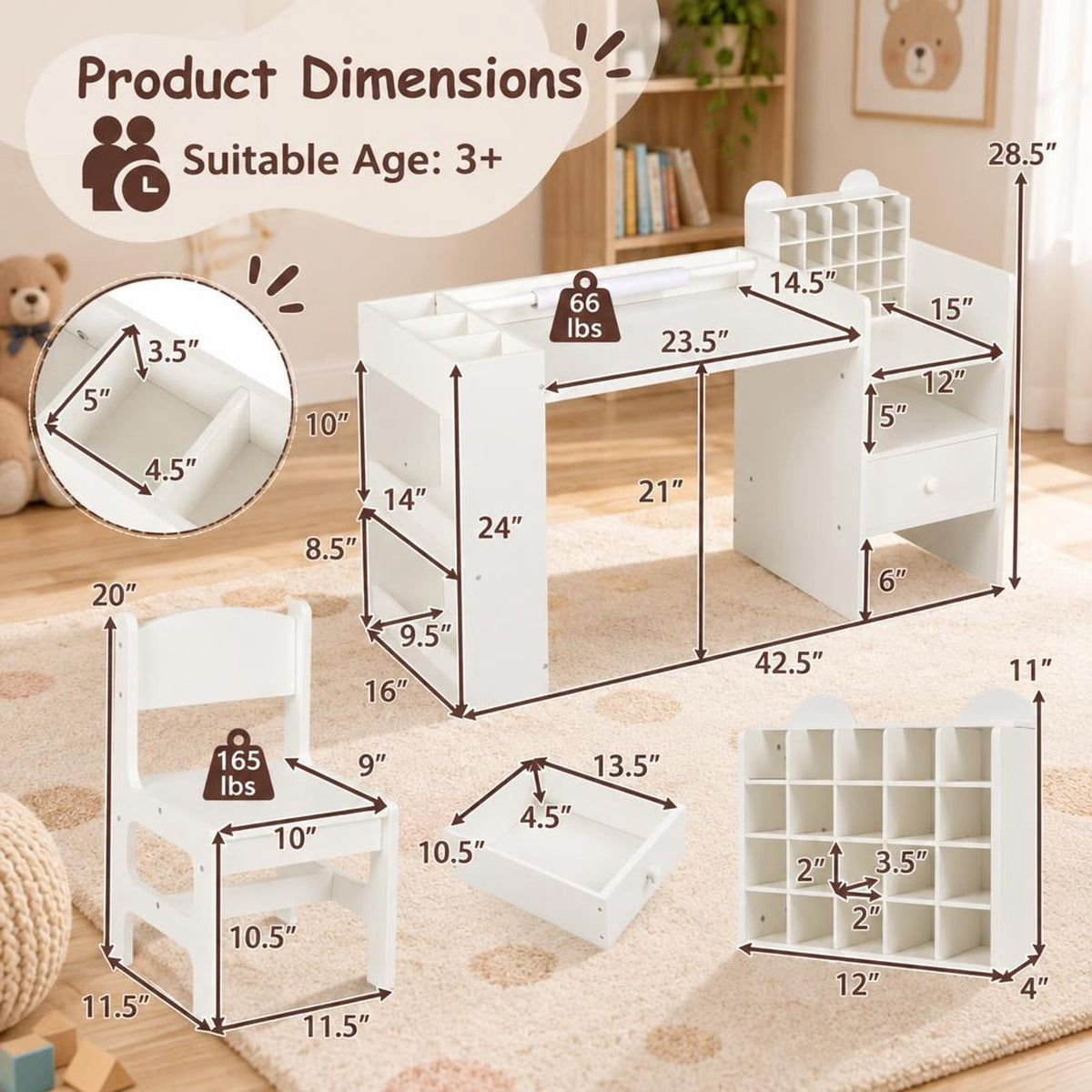 Airfind Kids Art Table and Chair Set with Detachable Paper Roll Holder and Cabinet, 66 lbs Capacity, MDF Frame, for 3+, White