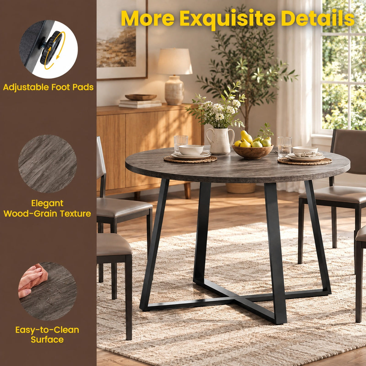 Airfind 47 Inch Round Dining Table with Stable X-shaped Base and Round Thickened Tabletop, 220 Lbs Capacity, Engineered Wood Metal, Gray Oak, Gray