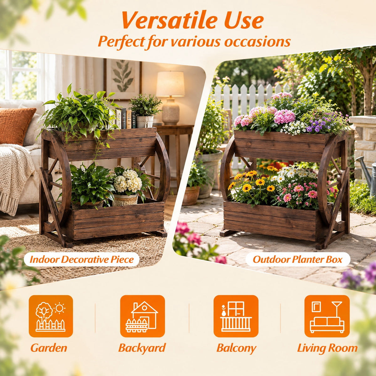 Airfind 2-tier Raised Garden Bed Rustic Wood Wagon Planter with Drainage Holes and Semi-wheels, 22 lbs Capacity, Fir Wood Frame, Coffee