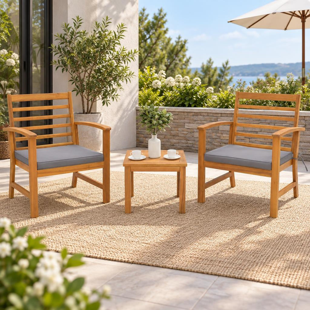 Airfind 3 Pieces Outdoor Furniture Set with Soft Seat Cushions, Chair 400 lbs Capacity, Acacia Wood Sponge Polyester Frame, Gray