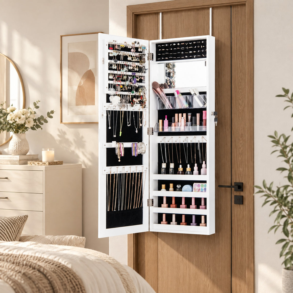 Airfind 43.5 Inch Jewelry Mirror Cabinet with Full-length Mirror and Adjustable Hangers, MDF Frame, White