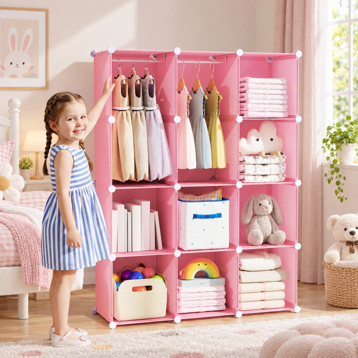 Airfind Modular Baby Wardrobe with 10 Cubes Hanging Rod and Shelves Stackable, 6.5 lbs Capacity, PP Frame, 43 x 14 x 57 Footprint, Pink
