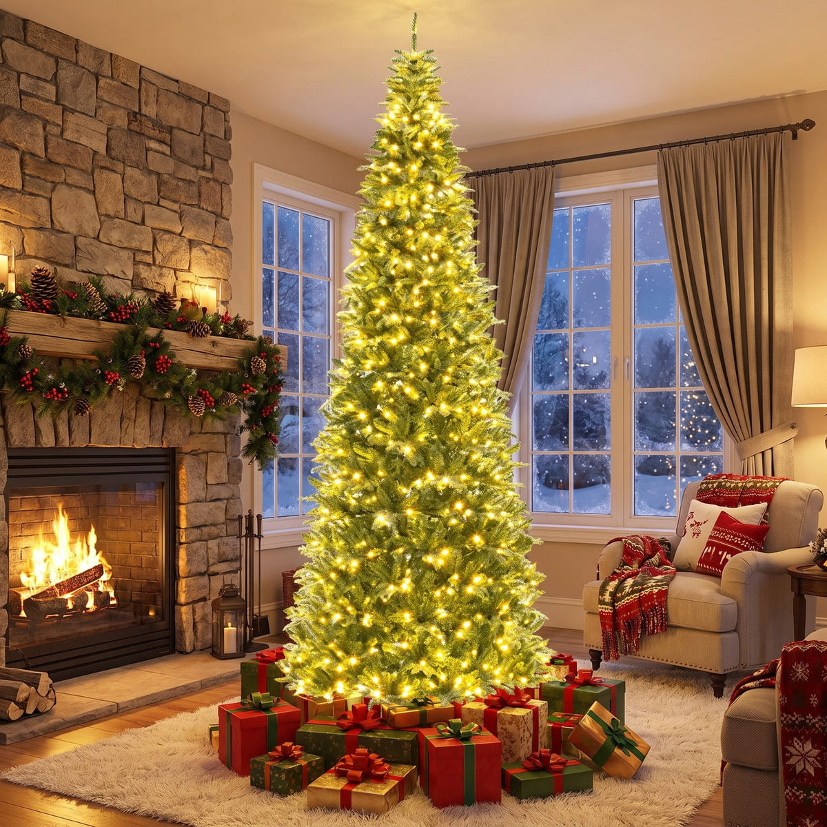 Airfind 12 Feet Tall Prelit Hinged Artificial Christmas Tree with 2517 PVC PE Branch Tips, PVC PE Metal Frame, 1.7 x 4.7 x 52 Footprint, Green