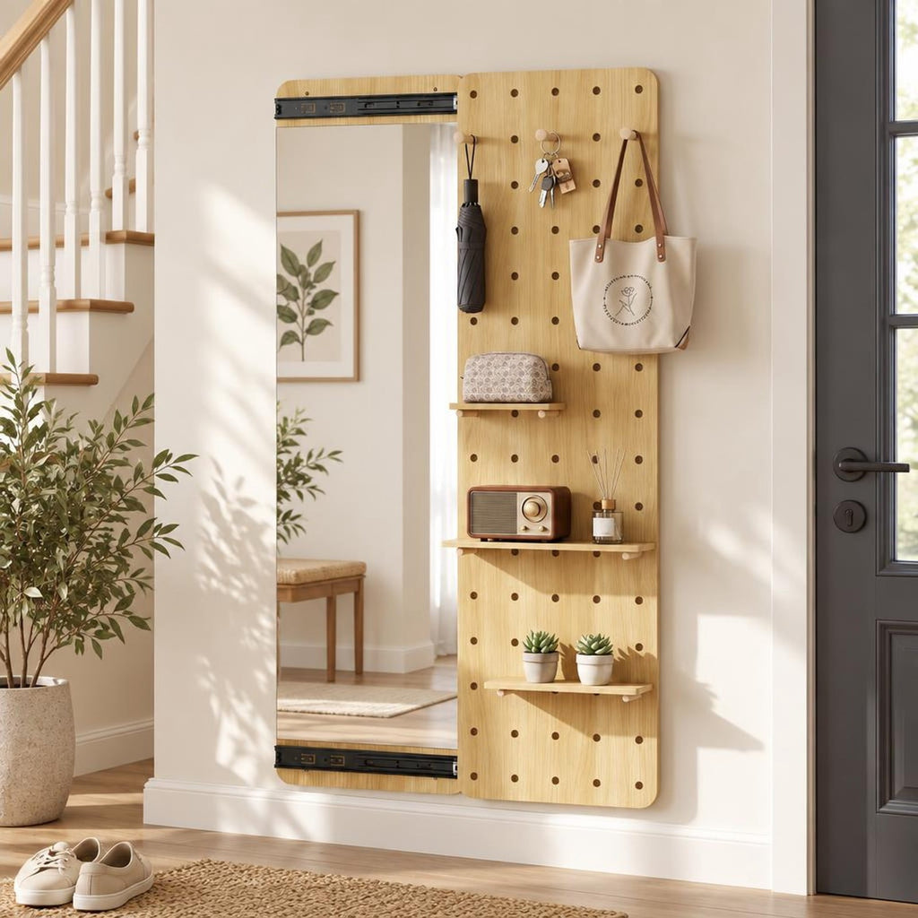 Airfind Solid Wood Full Length Mirror with Pegboard Shelves and Hooks for Entryway, Solid Wood Glass Frame, 16 x 5.5 x 55 Footprint, Natural