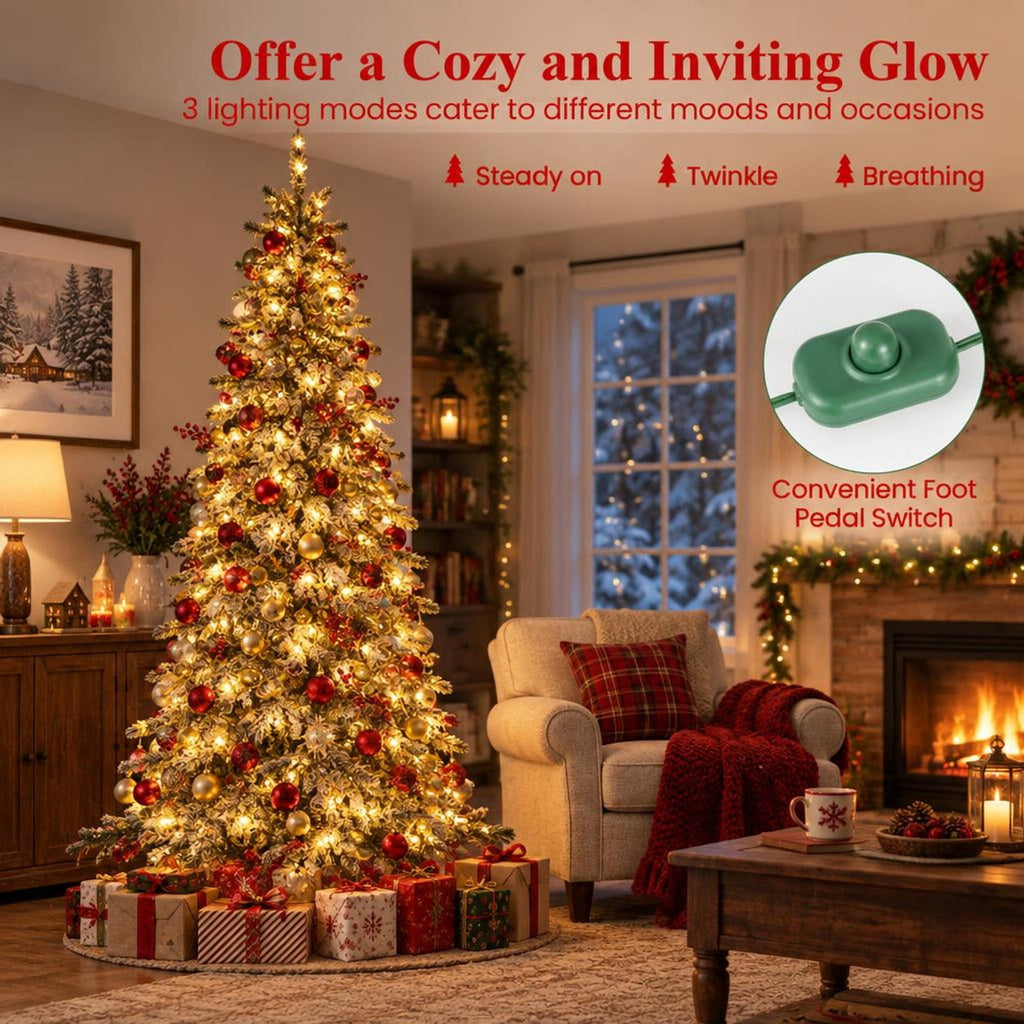 Airfind 9 Feet Pre-Lit Artificial Xmas Tree Hinged Xmas Tree with Quick Power Connectors, PVC Metal Frame, 4.4 x 9 ft Footprint, White