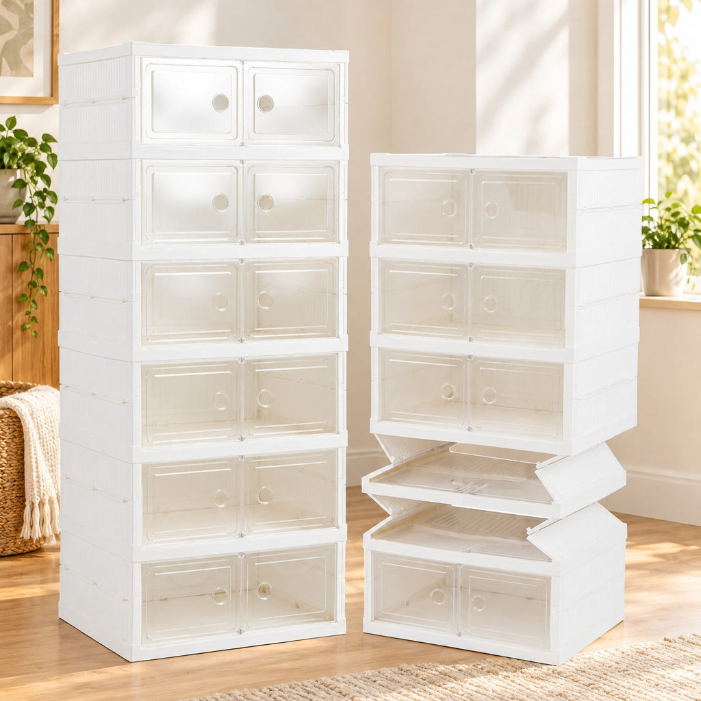 Airfind 6-Tier Shoe Organizer with Clear Doors and Portable Design for 12 Pairs, PP Frame, 17.5in x 13.5in x 42.5in Footprint, White