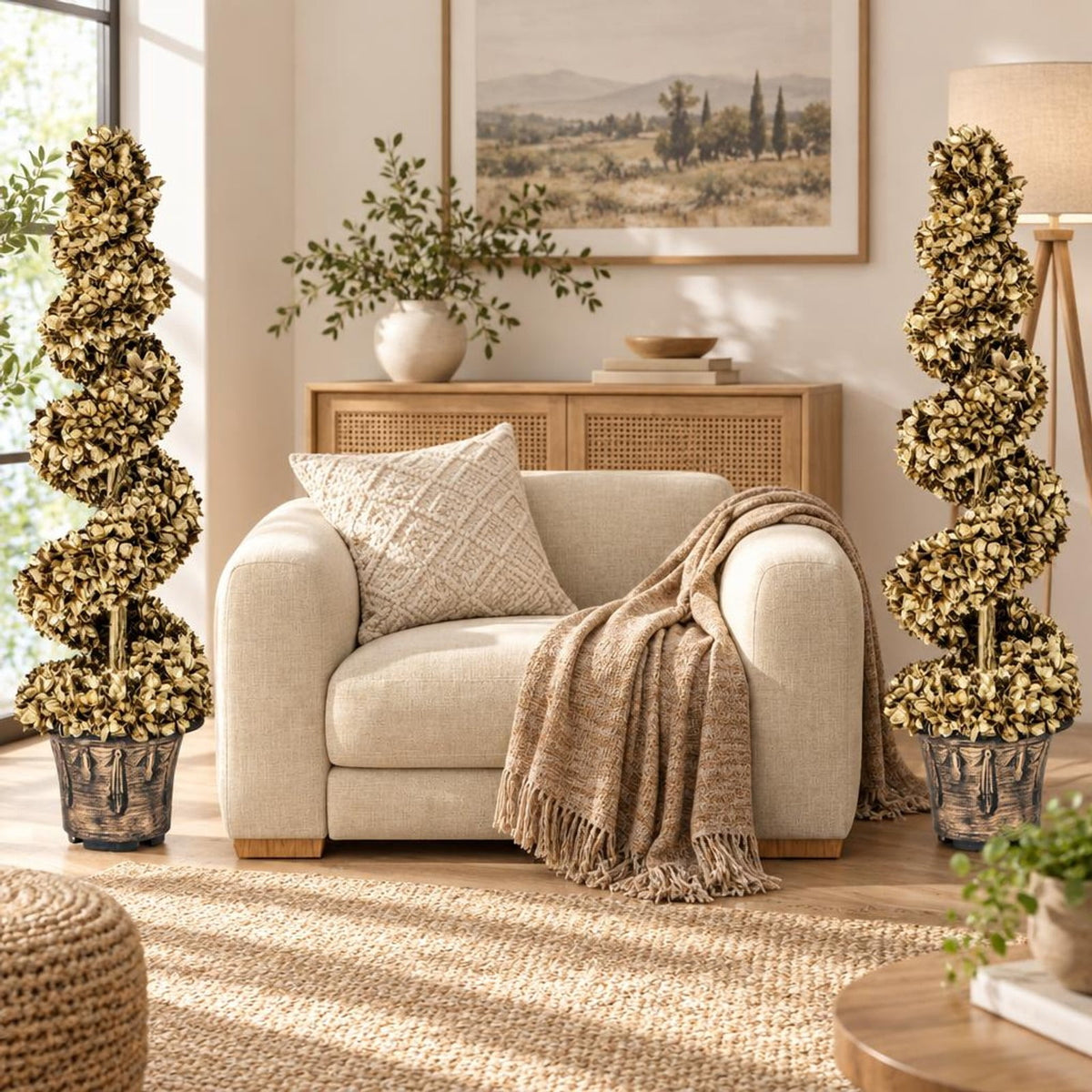 Airfind 4 FT Artificial Topiary Spiral Tree Set of 2 with Vintage Plastic Nursery Pot, PE Metal Cement Foam Tree Height 47 Flower Pot Frame, Gold